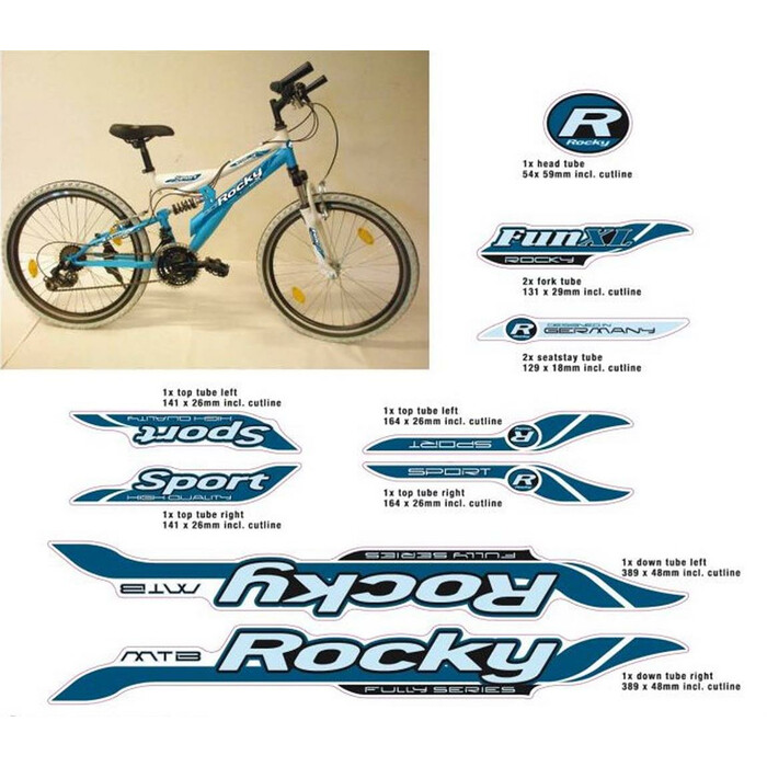 Fahrrad DEKOR Satz ROCKY MTB Rahmen Frame Decal Sticker wei blau 11 teilig