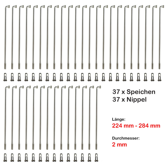 37 Stck Speichen 224 - 284mm Spokes silber VERZINKT 2mm inkl. Messing Speichennippel